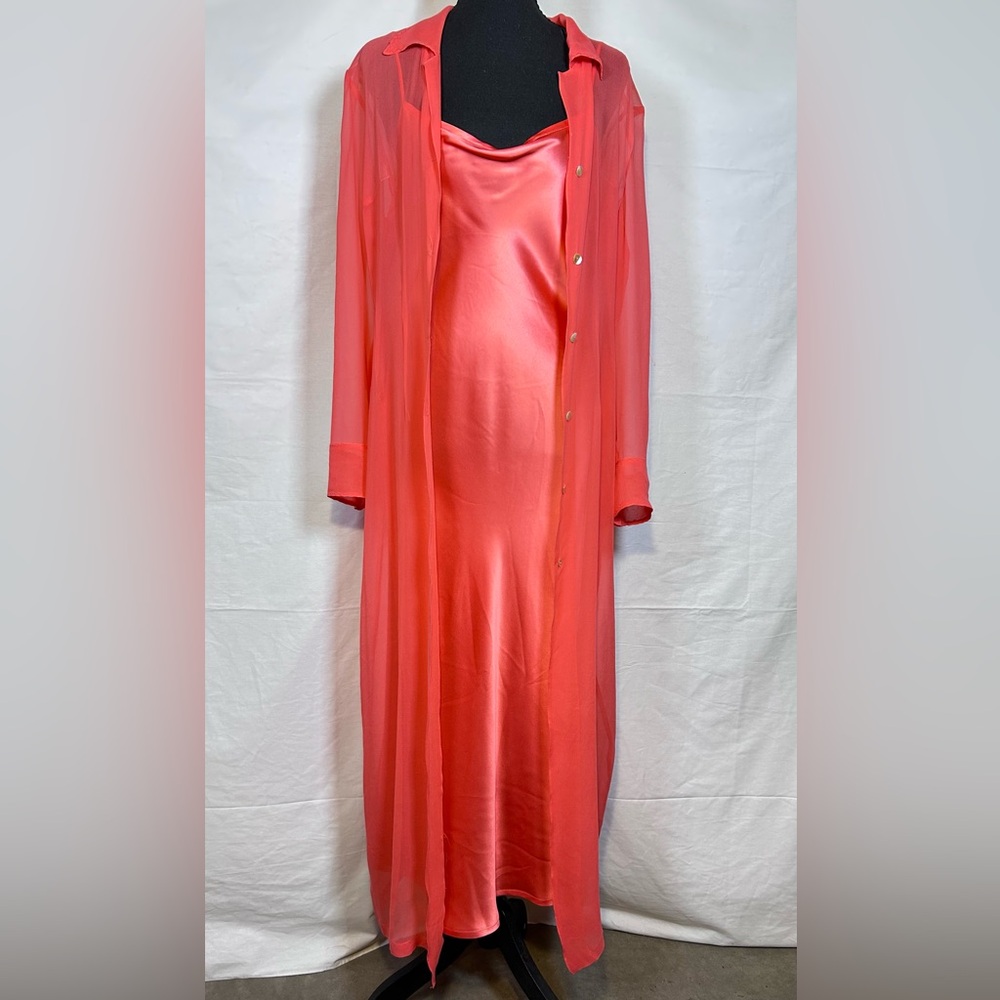Vintage Anja Flint Coral Pink Silk Slip Dress & Sheer Duster Set Size M